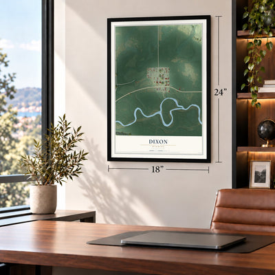 Dixon, Wyoming map, 18 x 24 inch print in a black frame in a home office