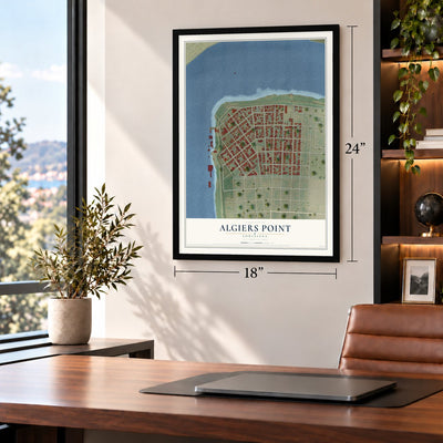 Algiers Point, Louisiana map, 18 x 24 inch print in a black frame in a home office
