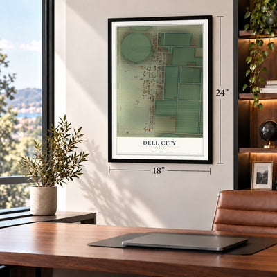 Dell City, Texas map, 18 x 24 inch print in a black frame in a home office