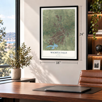 Wichita Falls, Texas map, 18 x 24 inch print in a black frame in a home office