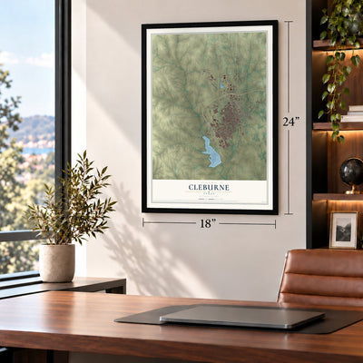 Cleburne, Texas map, 18 x 24 inch print in a black frame in a home office