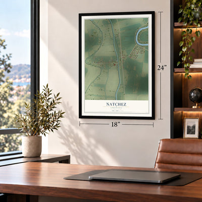 Natchez, Louisiana map, 18 x 24 inch print in a black frame in a home office