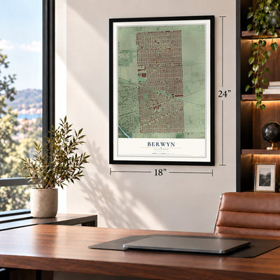 Berwyn, Illinois map, 18 x 24 inch print in a black frame in a home office