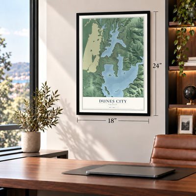 Dunes City, Oregon map, 18 x 24 inch print in a black frame in a home office