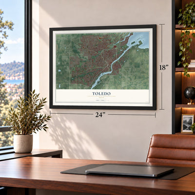 Toledo, Ohio map, 18 x 24 inch print in a black frame in a home office