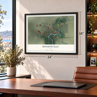 Monroeville, Ohio map, 18 x 24 inch print in a black frame in a home office