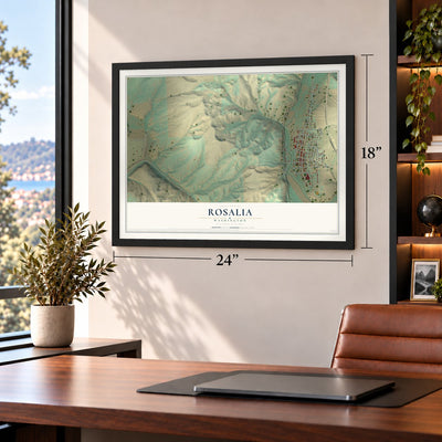 Rosalia, Washington map, 18 x 24 inch print in a black frame in a home office