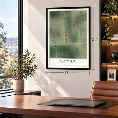 Sun Valley, Texas map, 18 x 24 inch print in a black frame in a home office