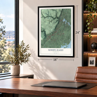 Soddy-Daisy, Tennessee map, 18 x 24 inch print in a black frame in a home office