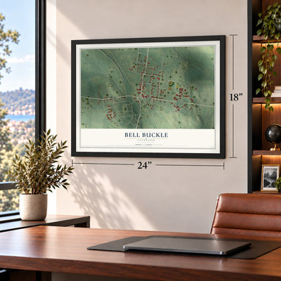 Bell Buckle, Tennessee map, 18 x 24 inch print in a black frame in a home office