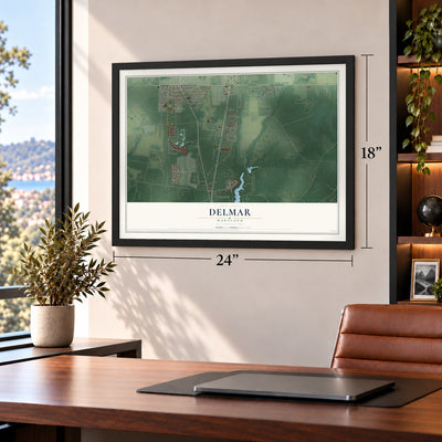 Delmar, Maryland map, 18 x 24 inch print in a black frame in a home office