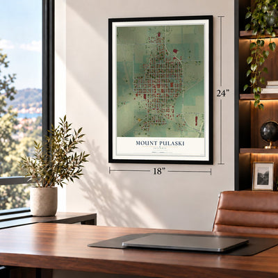 Mount Pulaski, Illinois map, 18 x 24 inch print in a black frame in a home office
