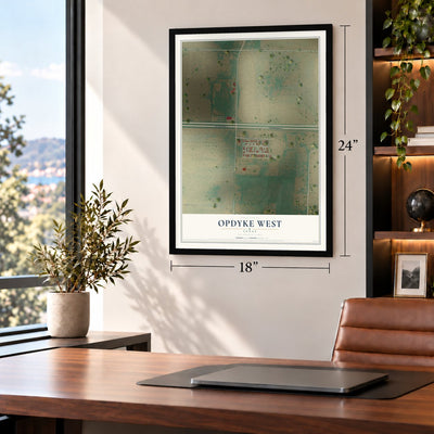 Opdyke West, Texas map, 18 x 24 inch print in a black frame in a home office