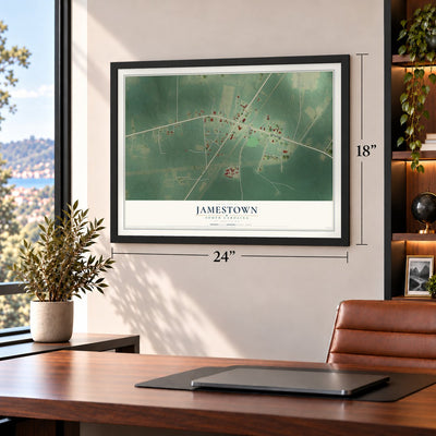 Jamestown, South Carolina map, 18 x 24 inch print in a black frame in a home office