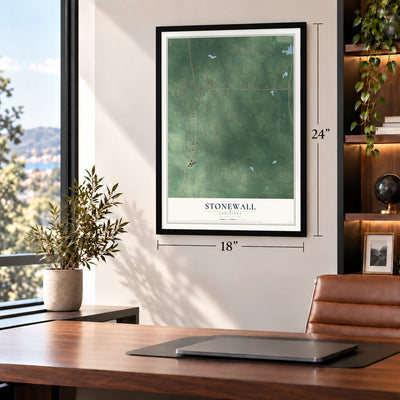 Stonewall, Louisiana map, 18 x 24 inch print in a black frame in a home office
