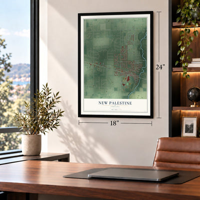 New Palestine, Indiana map, 18 x 24 inch print in a black frame in a home office