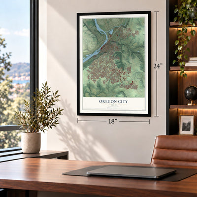 Oregon City, Oregon map, 18 x 24 inch print in a black frame in a home office