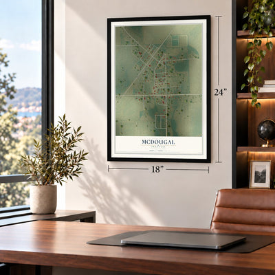 McDougal, Arkansas map, 18 x 24 inch print in a black frame in a home office