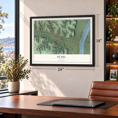 Pearl, Illinois map, 18 x 24 inch print in a black frame in a home office