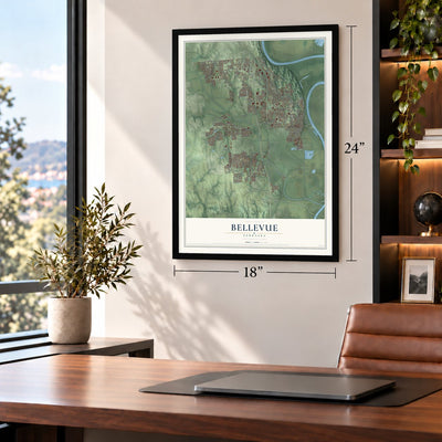 Bellevue, Nebraska map, 18 x 24 inch print in a black frame in a home office