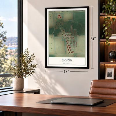 Hoople, North Dakota map, 18 x 24 inch print in a black frame in a home office