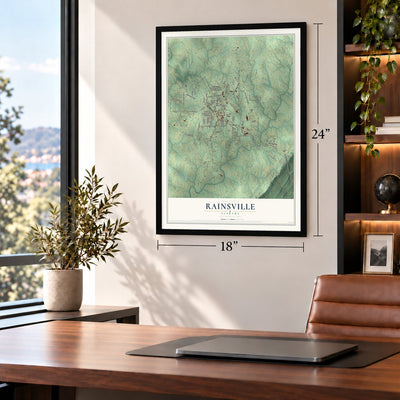 Rainsville, Alabama map, 18 x 24 inch print in a black frame in a home office