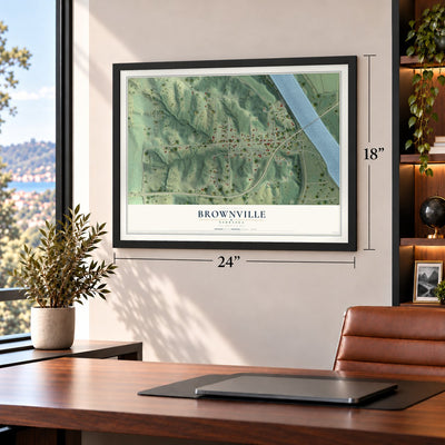 Brownville, Nebraska map, 18 x 24 inch print in a black frame in a home office