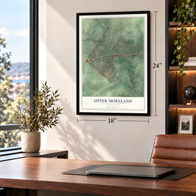 Upper Moreland, Pennsylvania map, 18 x 24 inch print in a black frame in a home office