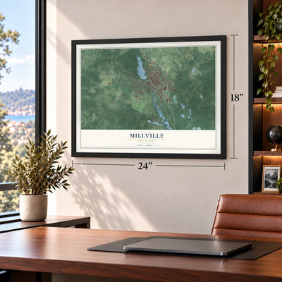 Millville, New Jersey map, 18 x 24 inch print in a black frame in a home office