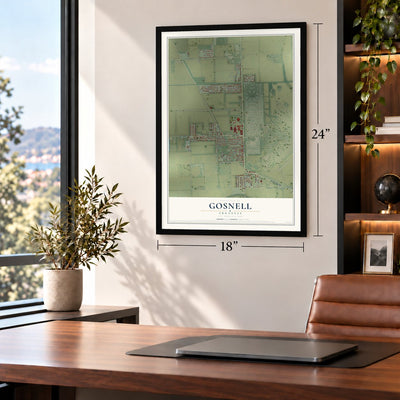 Gosnell, Arkansas map, 18 x 24 inch print in a black frame in a home office