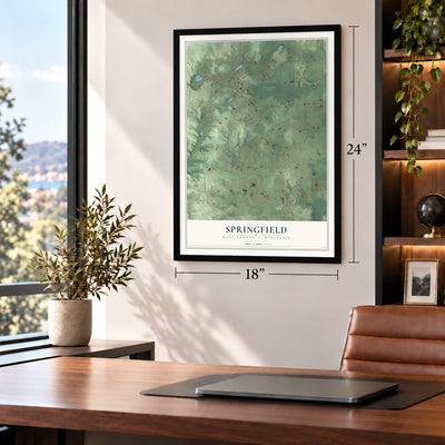 Springfield, Dane County, Wisconsin map, 18 x 24 inch print in a black frame in a home office