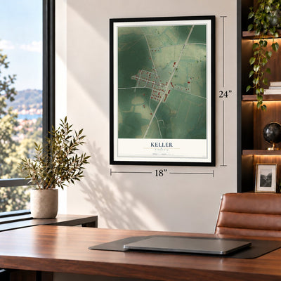 Keller, Virginia map, 18 x 24 inch print in a black frame in a home office
