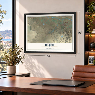 Hatch, New Mexico map, 18 x 24 inch print in a black frame in a home office