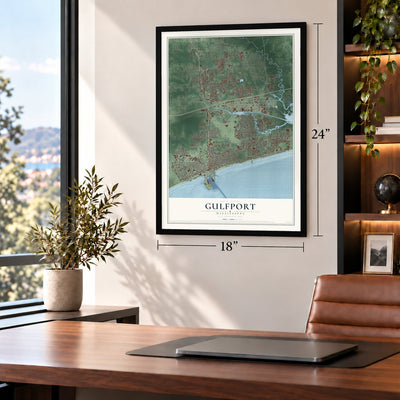 Gulfport, Mississippi map, 18 x 24 inch print in a black frame in a home office