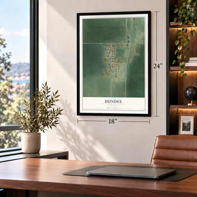 Dundee, Minnesota map, 18 x 24 inch print in a black frame in a home office