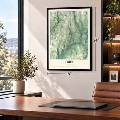 Barre, Massachusetts map, 18 x 24 inch print in a black frame in a home office