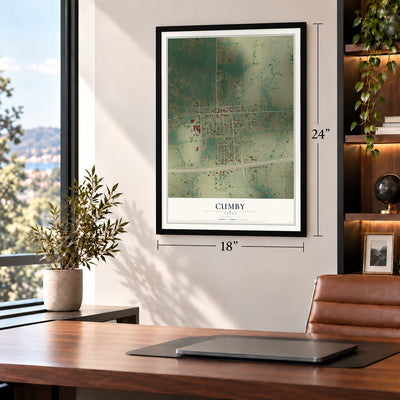 Cumby, Texas map, 18 x 24 inch print in a black frame in a home office