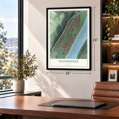 Tiltonsville, Ohio map, 18 x 24 inch print in a black frame in a home office
