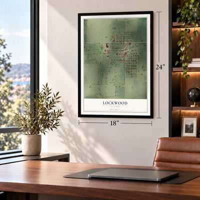 Lockwood, Missouri map, 18 x 24 inch print in a black frame in a home office