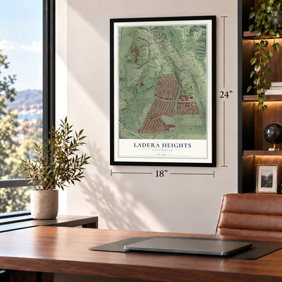 Ladera Heights, California map, 18 x 24 inch print in a black frame in a home office