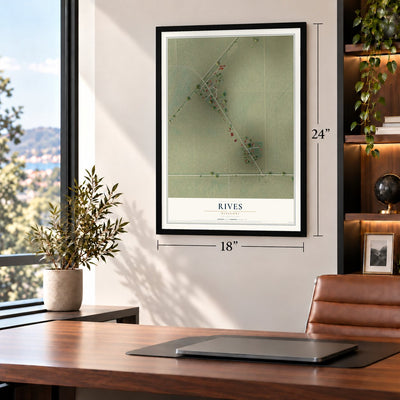Rives, Missouri map, 18 x 24 inch print in a black frame in a home office