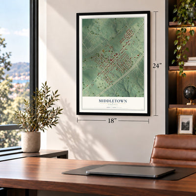 Middletown, Virginia map, 18 x 24 inch print in a black frame in a home office