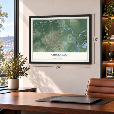 Chickasaw, Alabama map, 18 x 24 inch print in a black frame in a home office