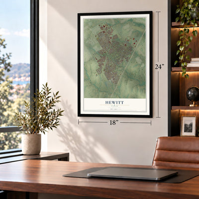 Hewitt, Texas map, 18 x 24 inch print in a black frame in a home office