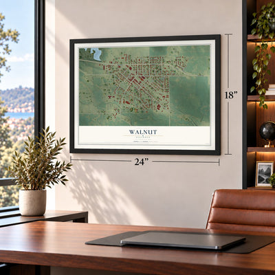 Walnut, Illinois map, 18 x 24 inch print in a black frame in a home office