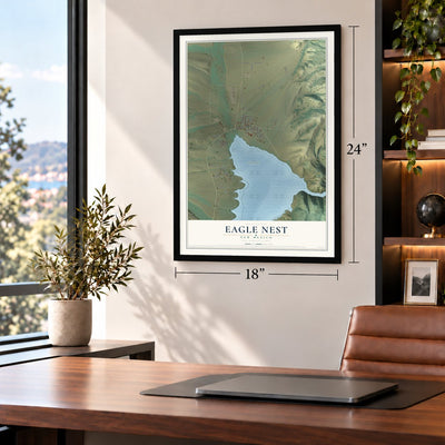 Eagle Nest, New Mexico map, 18 x 24 inch print in a black frame in a home office
