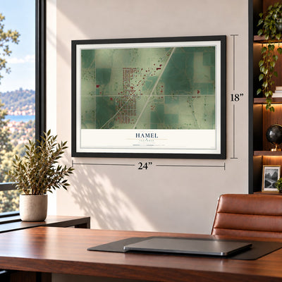 Hamel, Illinois map, 18 x 24 inch print in a black frame in a home office