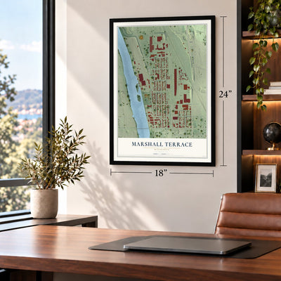 Marshall Terrace, Minnesota map, 18 x 24 inch print in a black frame in a home office