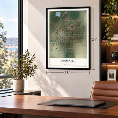 O'Donnell, Texas map, 18 x 24 inch print in a black frame in a home office