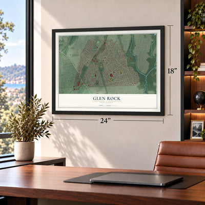 Glen Rock, New Jersey map, 18 x 24 inch print in a black frame in a home office